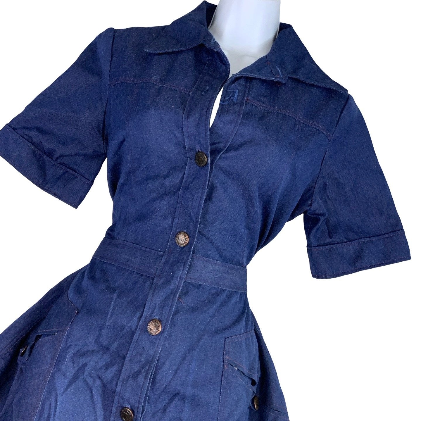 Vintage 60s 70s Blue Denim Button-Up Midi Dress 10 12 14