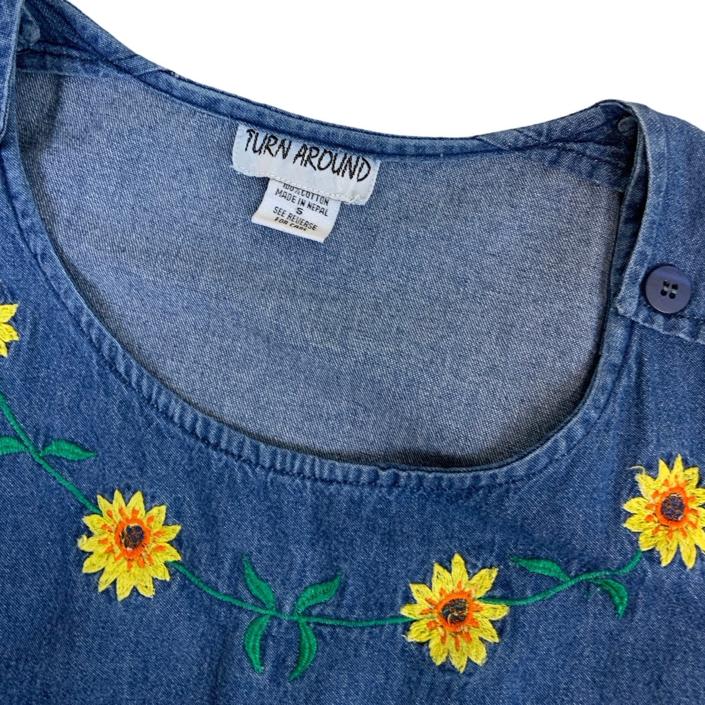 Y2K 90s 'Turn Around' Blue Denim Embroidered Sunflower Sleeveless Midi Dress M 16