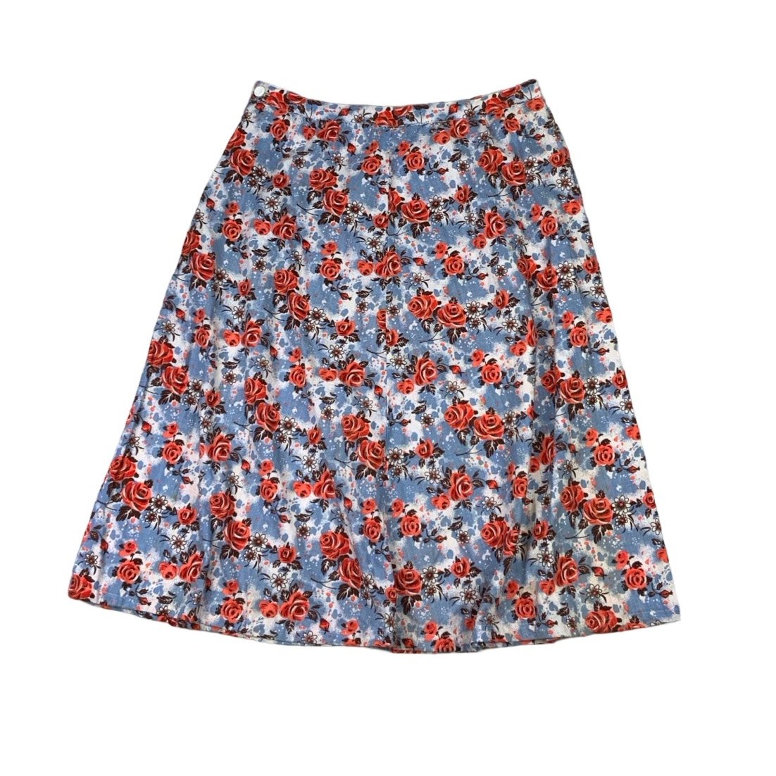 Vintage 60s 70s Floral Blue Red White Midi Skirt S 6 8