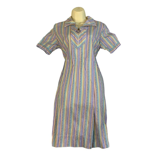 Vintage 60s Style Multicolour Stripe Collar Shift Midi Dress