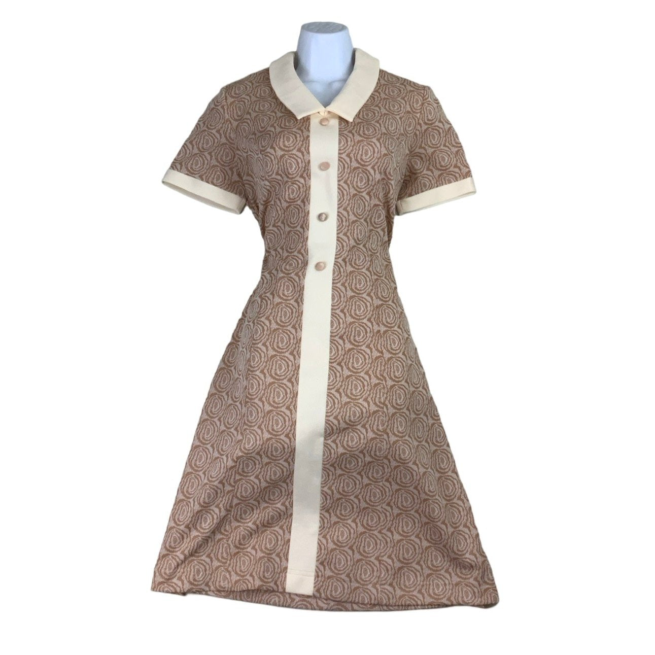 Vintage 60s 70s Beige V-Neck Shift Dress 8 10 12