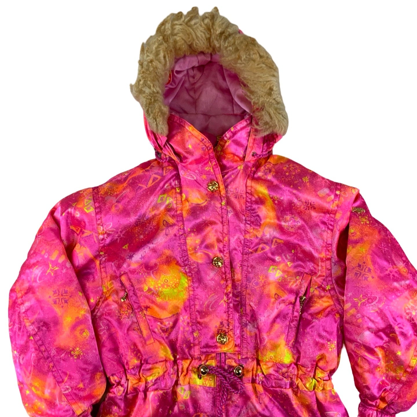 Pink 90s Retro Pink Fur Hooded Ski Jacket