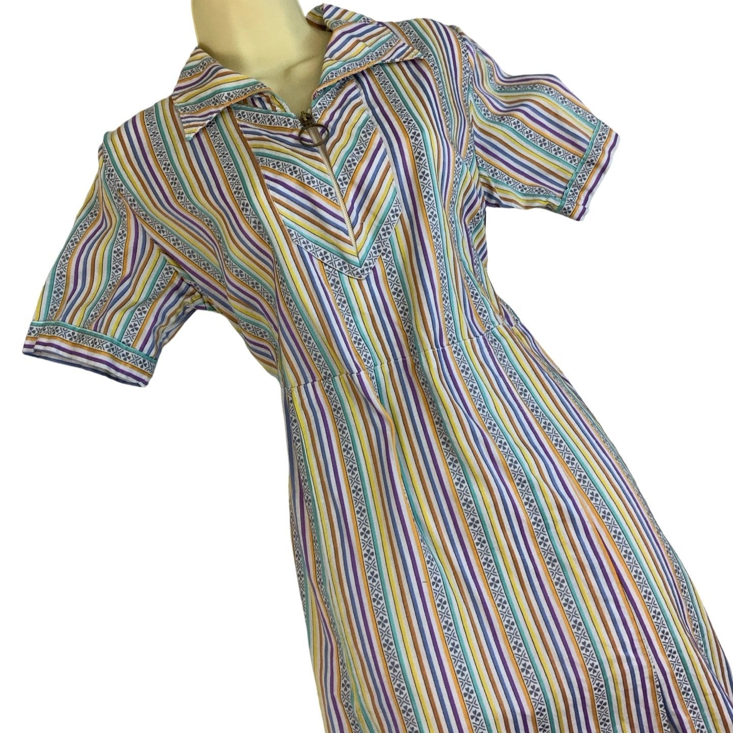 Vintage 60s Style Multicolour Stripe Collar Shift Midi Dress