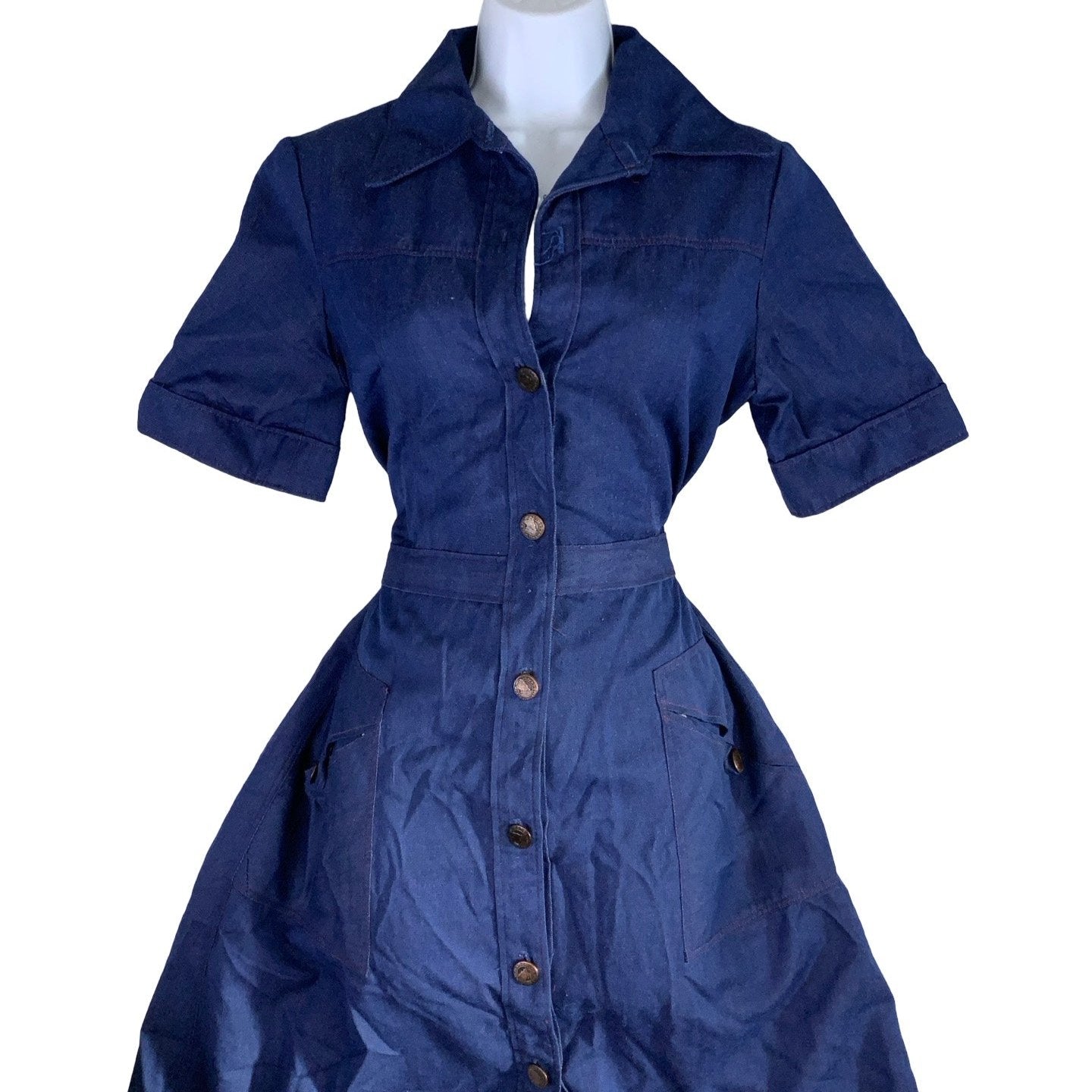 Vintage 60s 70s Blue Denim Button-Up Midi Dress 10 12 14