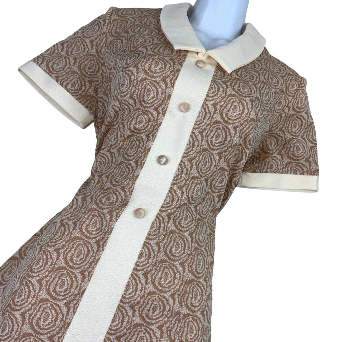 Vintage 60s 70s Beige V-Neck Shift Dress 8 10 12