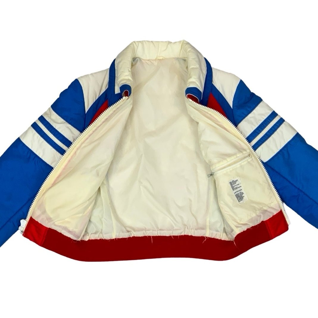 Vintage 70s Red Blue White Outdoor Puffer Crop Coat M 10 12