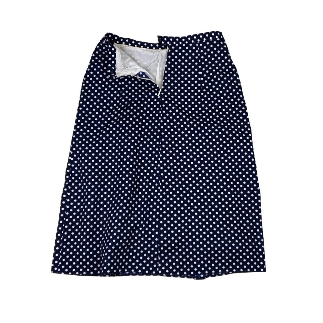 Vintage 60s 70s Navy Blue White Polka Dot Midi Skirt XS 4 6