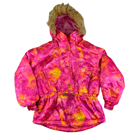 Pink 90s Retro Pink Fur Hooded Ski Jacket