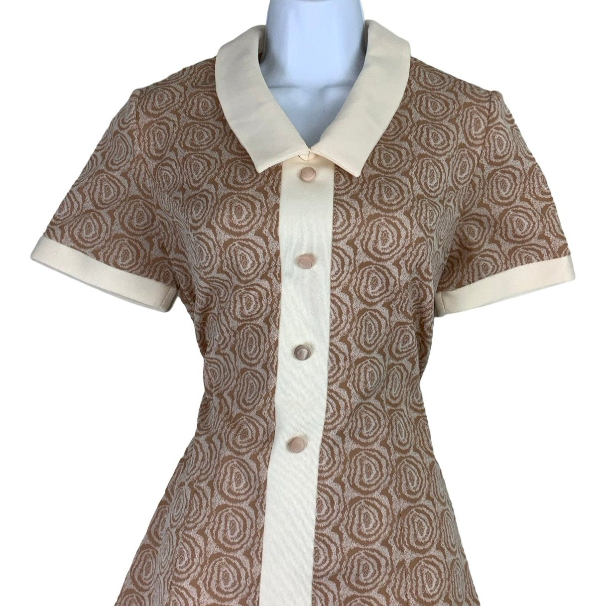 Vintage 60s 70s Beige V-Neck Shift Dress 8 10 12