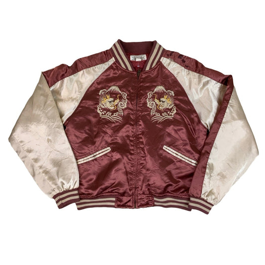 Vintage Japanese Silky Embroidered Burgundy & White Varsity Jacket S M