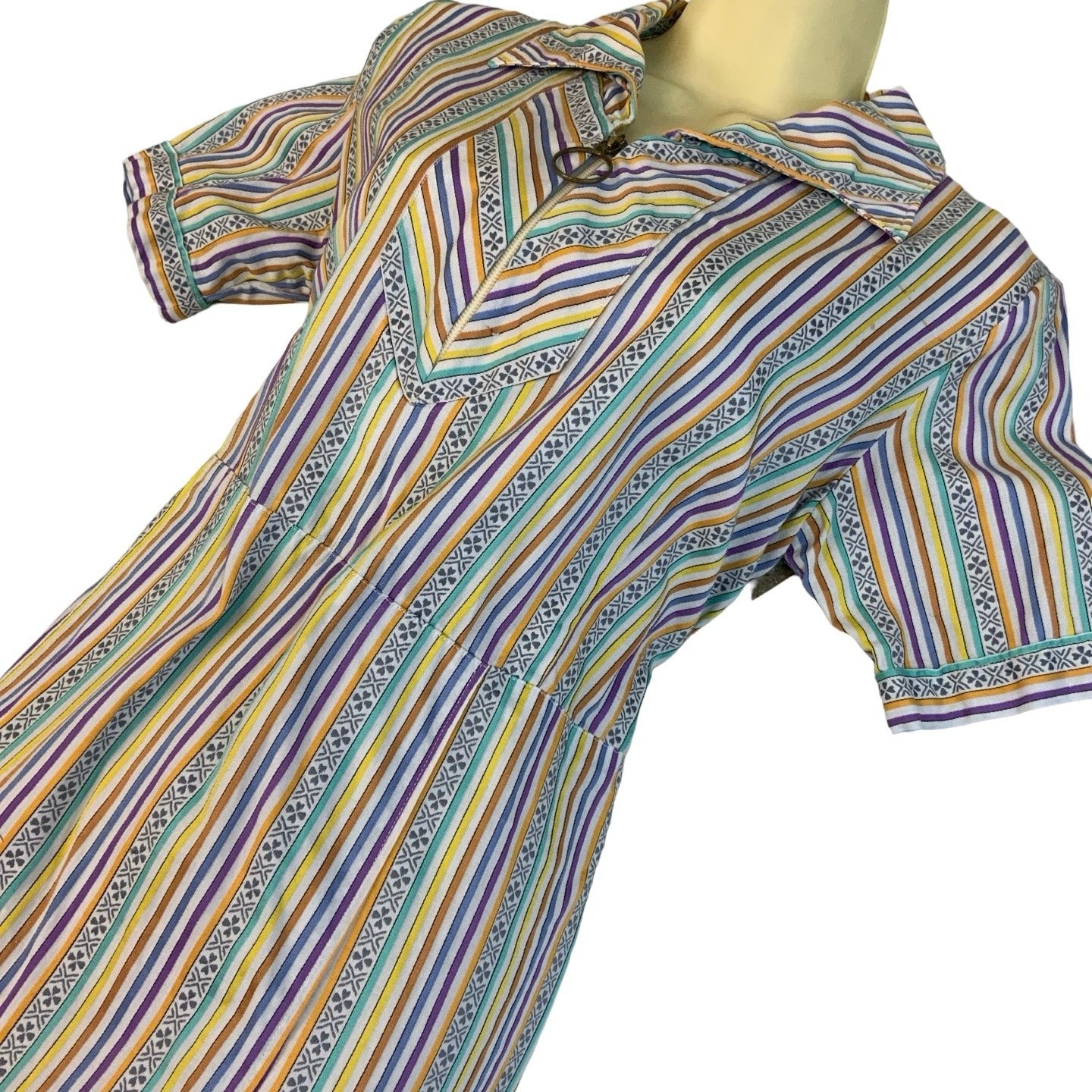 Vintage 60s Style Multicolour Stripe Collar Shift Midi Dress