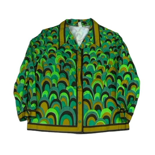 Vintage 70s 'Kleinwebereien' Green Brown Yellow Semi Circle Geometric Pattern Windbreaker Jacket S 10 12