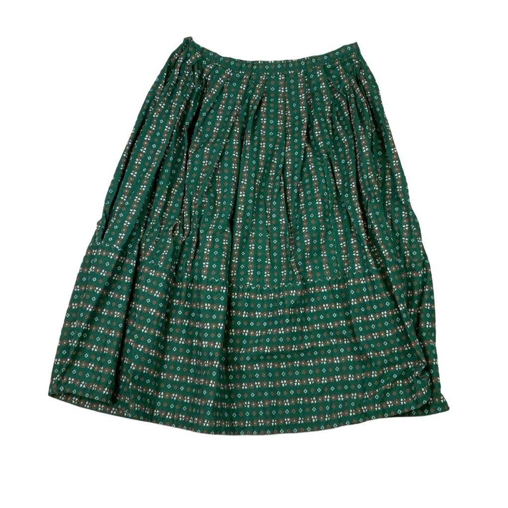 Vintage 60s 70s Green Red Floral Pleated Midi Skirt XS 4 6