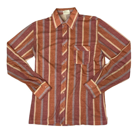 Vintage Brown Red Blue Beige Stripe Print Shirt S M