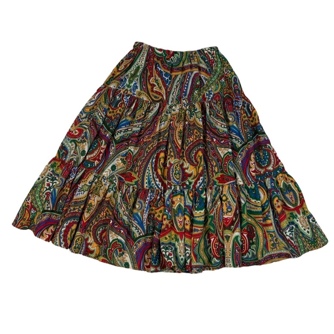 Vintage 70s 80s Psychedelic Paisley Tiered Midi Circle Swing Skirt 8