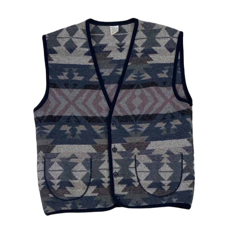 Vintage Grey Blue Black Aztec Wool Waistcoat S M