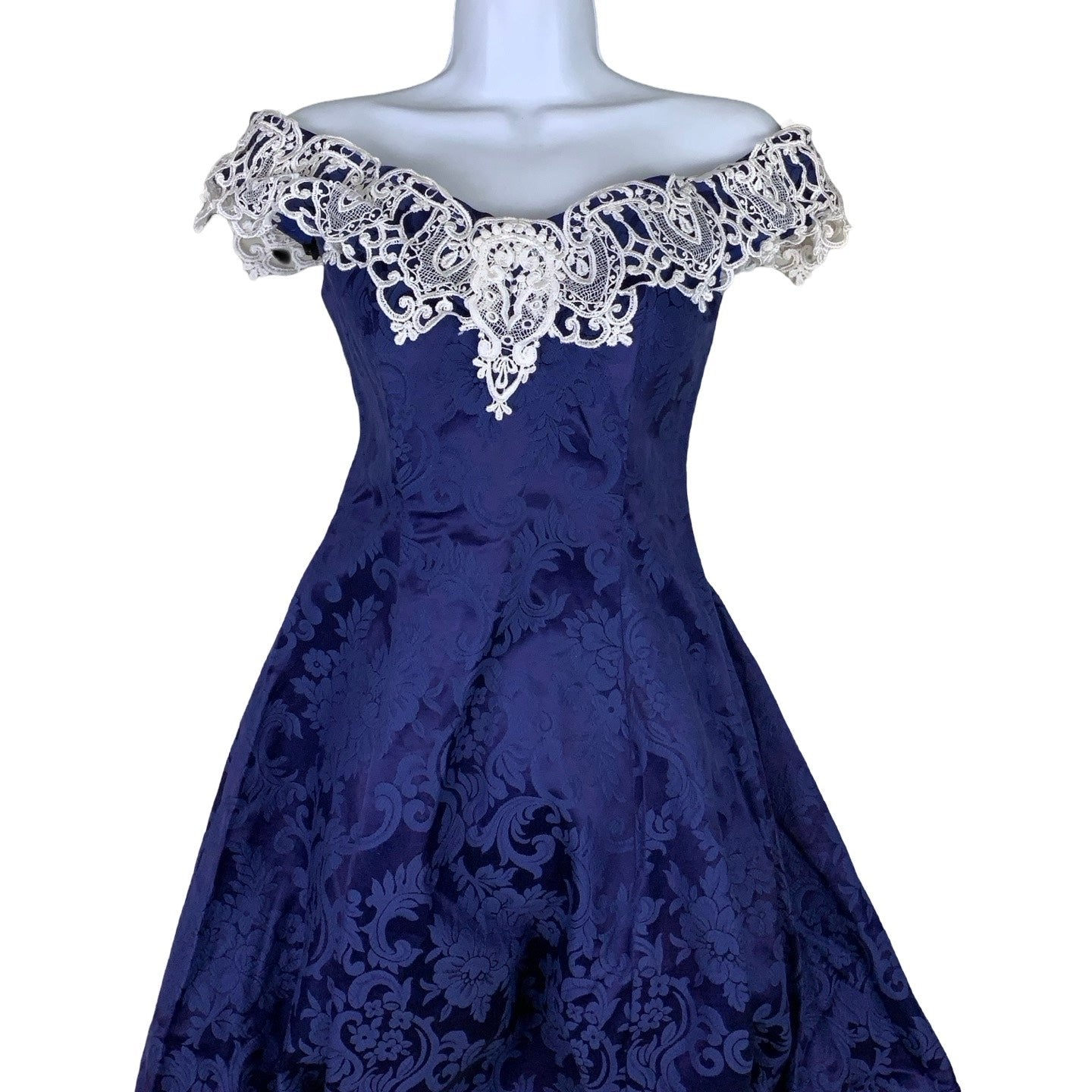 Vintage 'Jessica McClintock' Royal Blue Off-Shoulder Scroll Pattern Mini Dress XS 4 6