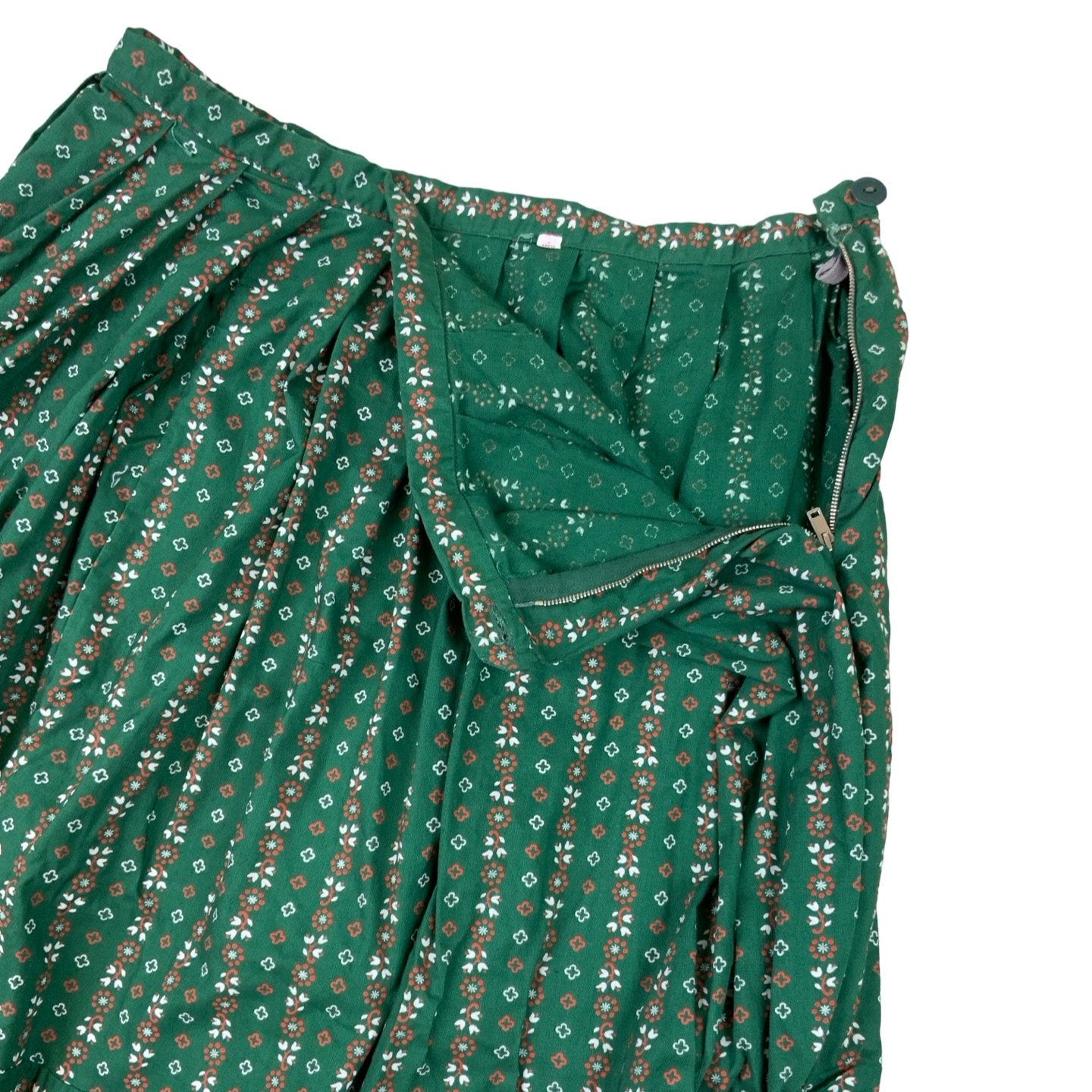 Vintage 60s 70s Green Red Floral Pleated Midi Skirt XS 4 6