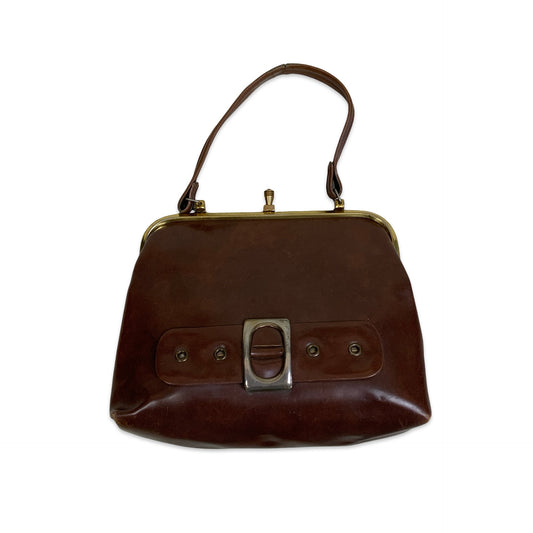 80s Brown Leather Handbag with Gold Clasp