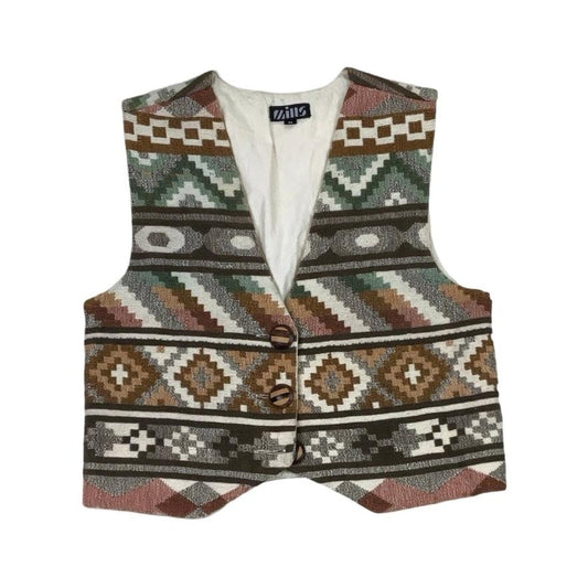 Vintage 'Mills' Green Cream Brown Tapestry Waistcoat S 10 12