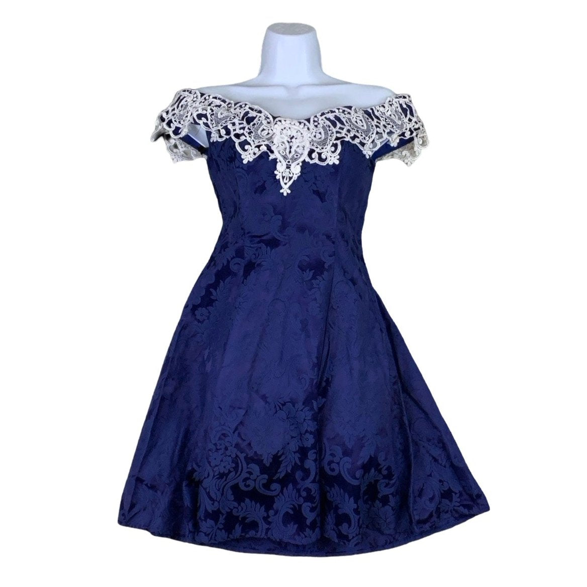 Vintage 'Jessica McClintock' Royal Blue Off-Shoulder Scroll Pattern Mini Dress XS 4 6