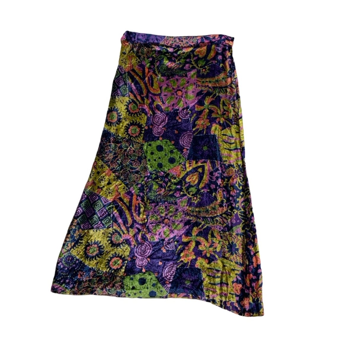 Vintage 60s 70s Blue Green Yellow Abstract Velvet Midi Skirt XS 4 6