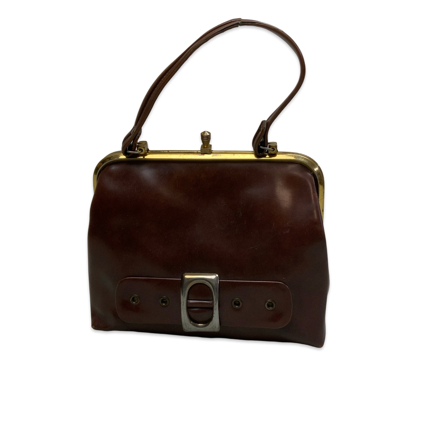 80s Brown Leather Handbag with Gold Clasp