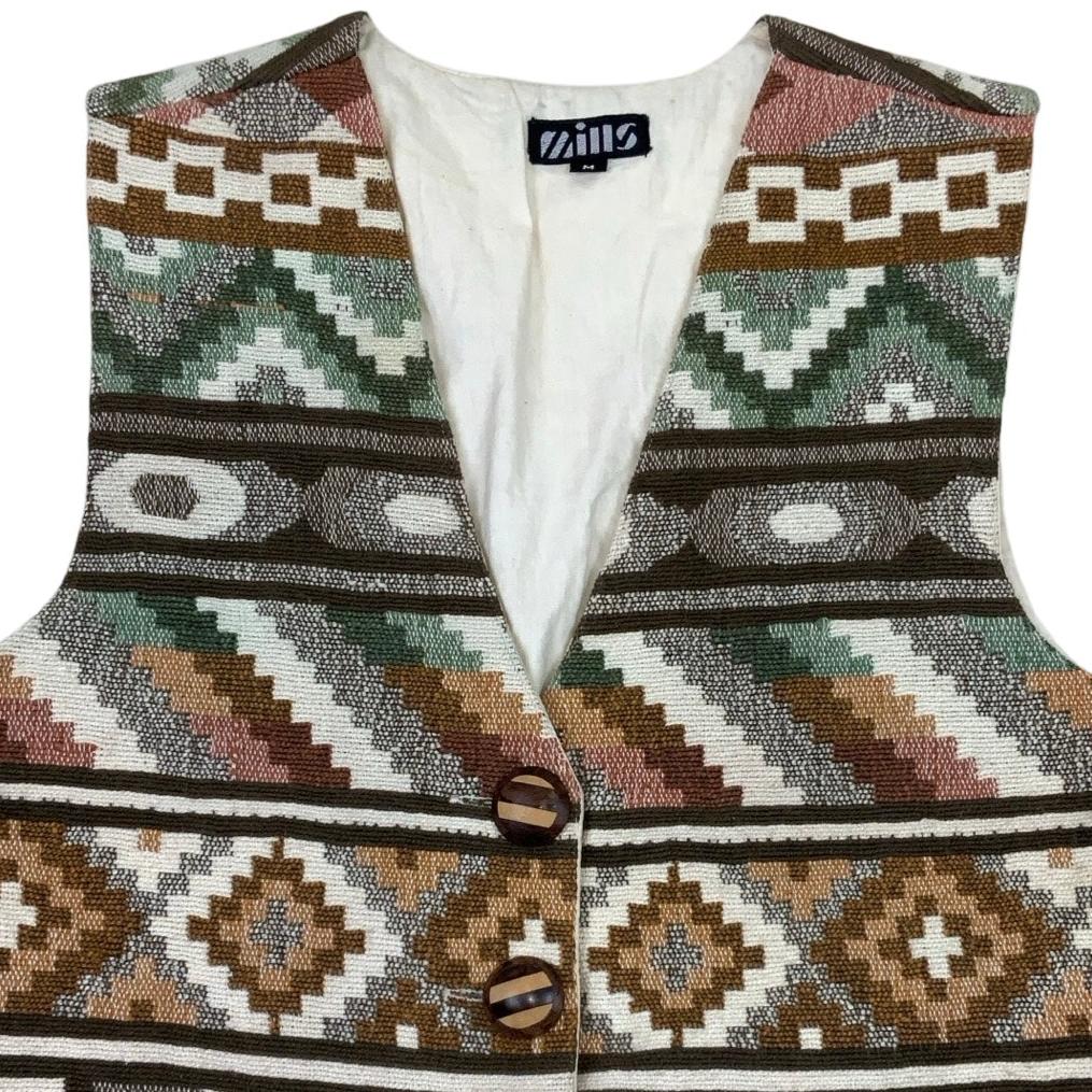 Vintage 'Mills' Green Cream Brown Tapestry Waistcoat S 10 12