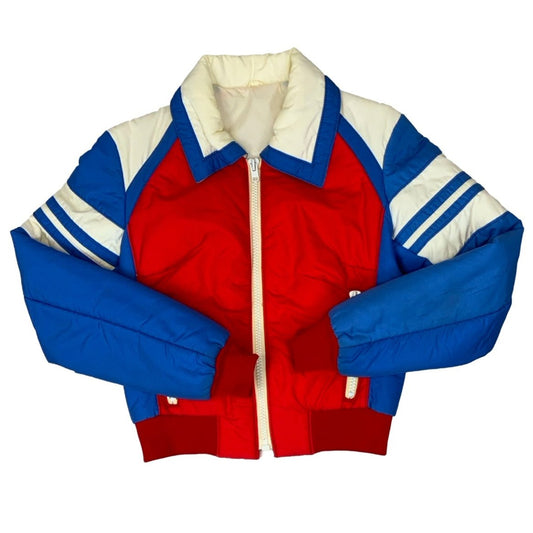 Vintage 70s Red Blue White Outdoor Puffer Crop Coat M 10 12