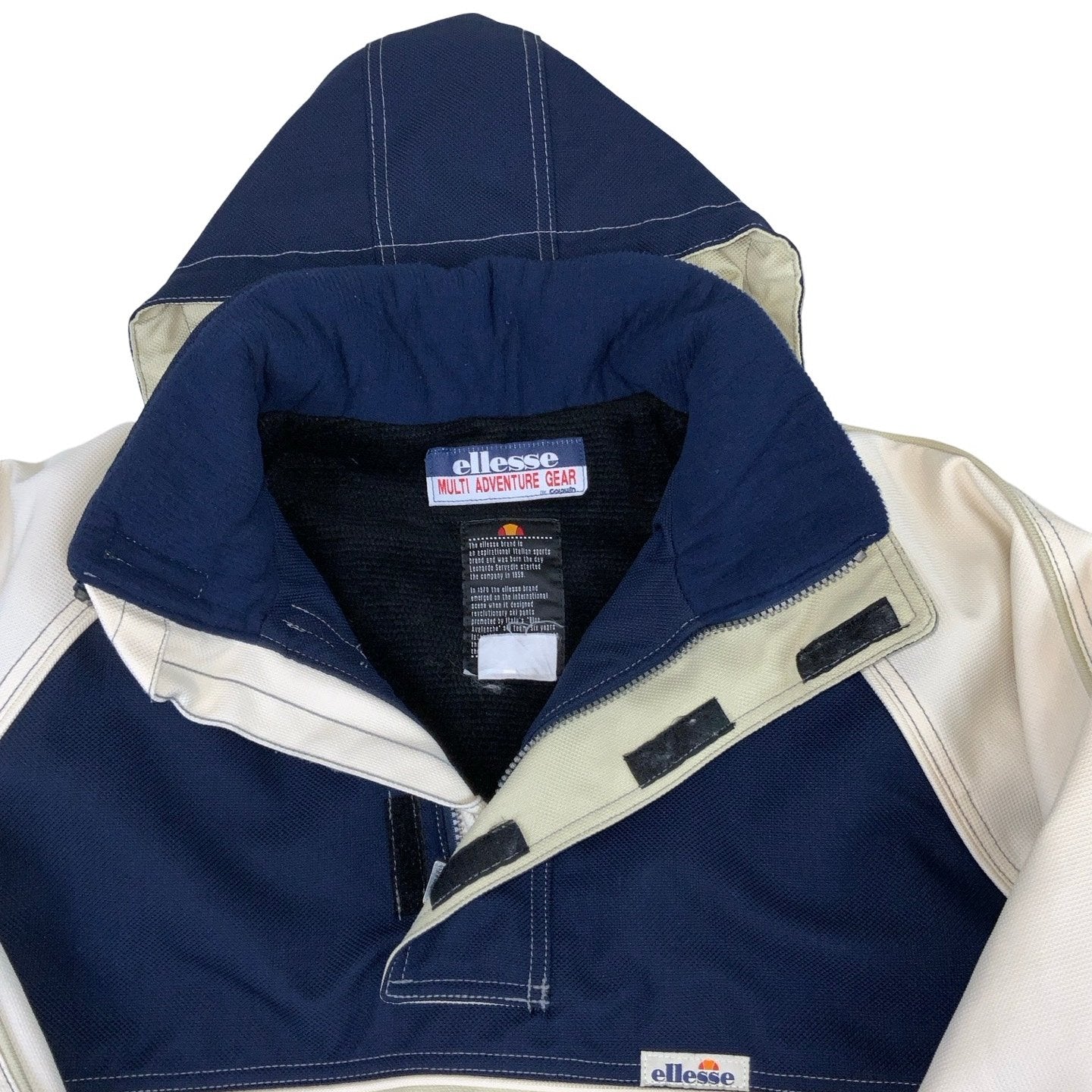 90s Ellesse Multi Adventure Gear Cream Blue Pull-Over Windbreaker Coat L XL