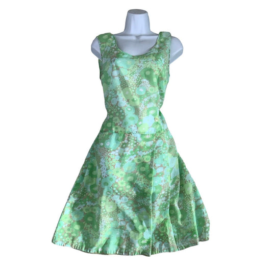 Vintage 60s 70s Green Floral Sleeveless Midi Shift Dress 12 14