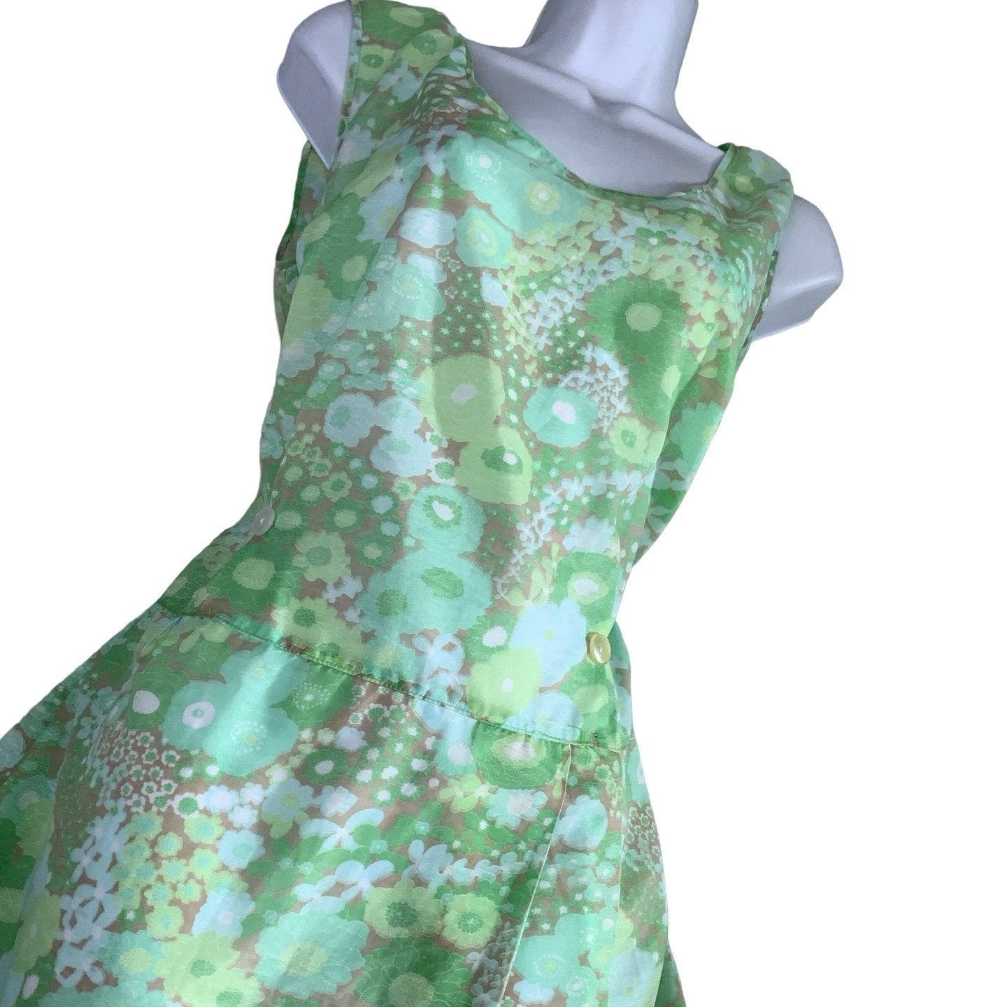 Vintage 60s 70s Green Floral Sleeveless Midi Shift Dress 12 14