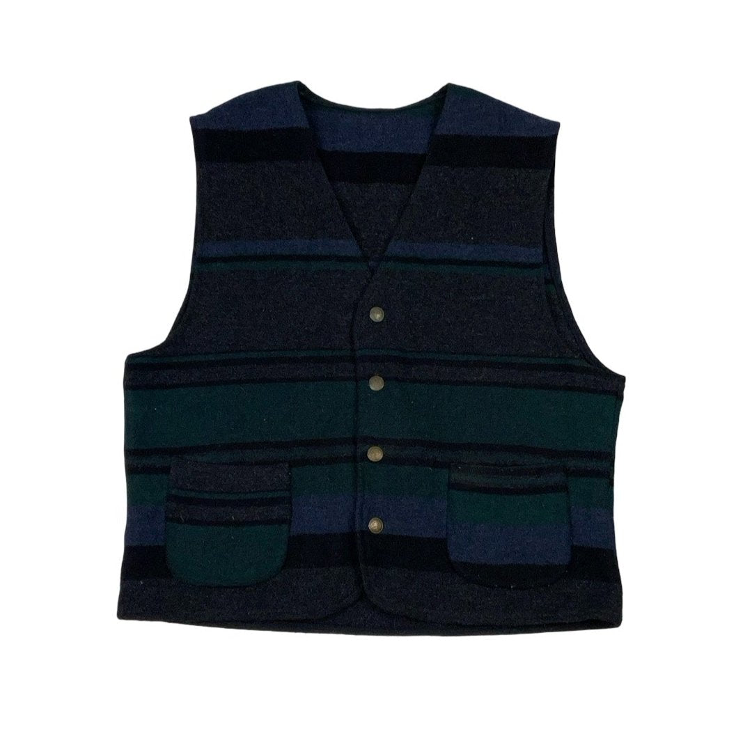 Vintage Blue Black Grey Green Striped Wool Waistcoat M L 16 18