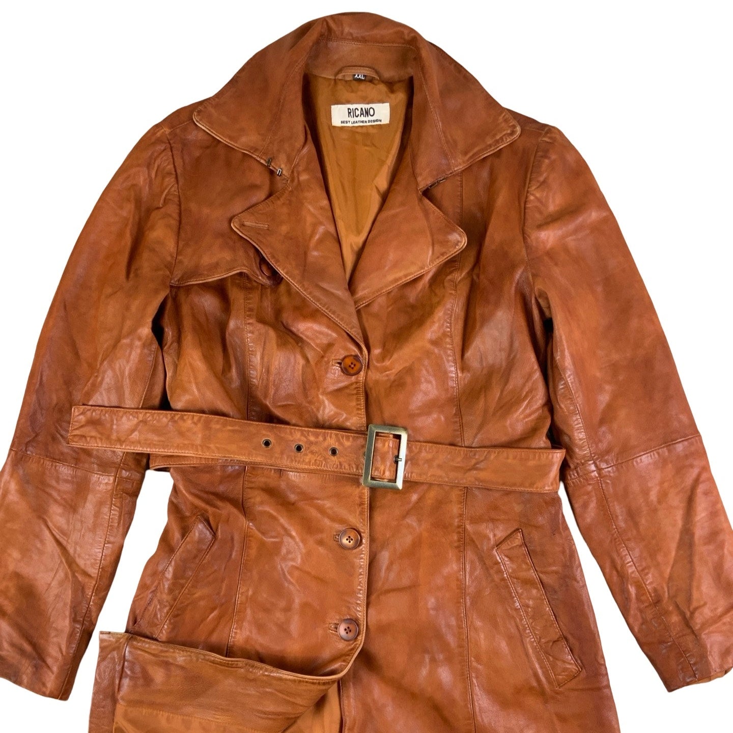 Vintage Orange Leather 'Ricano' Long Coat UK 8 10