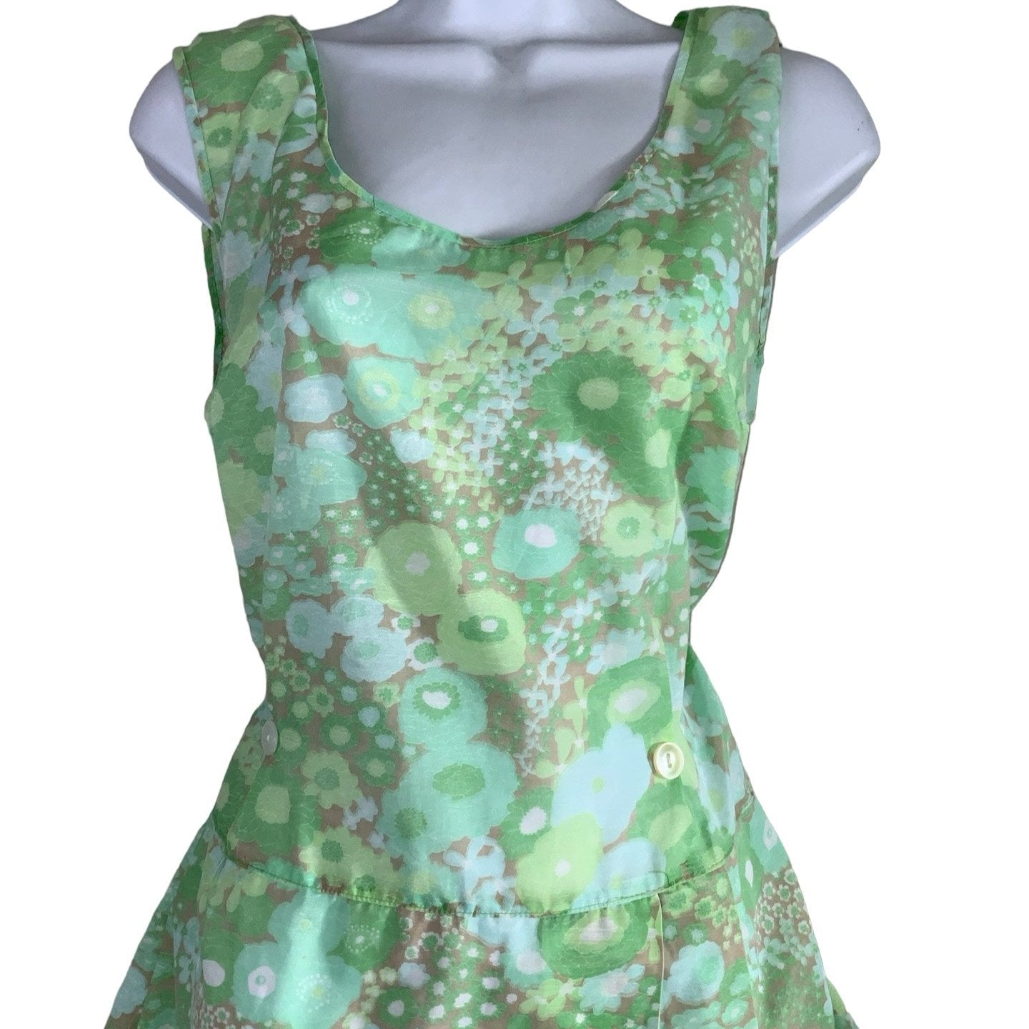 Vintage 60s 70s Green Floral Sleeveless Midi Shift Dress 12 14