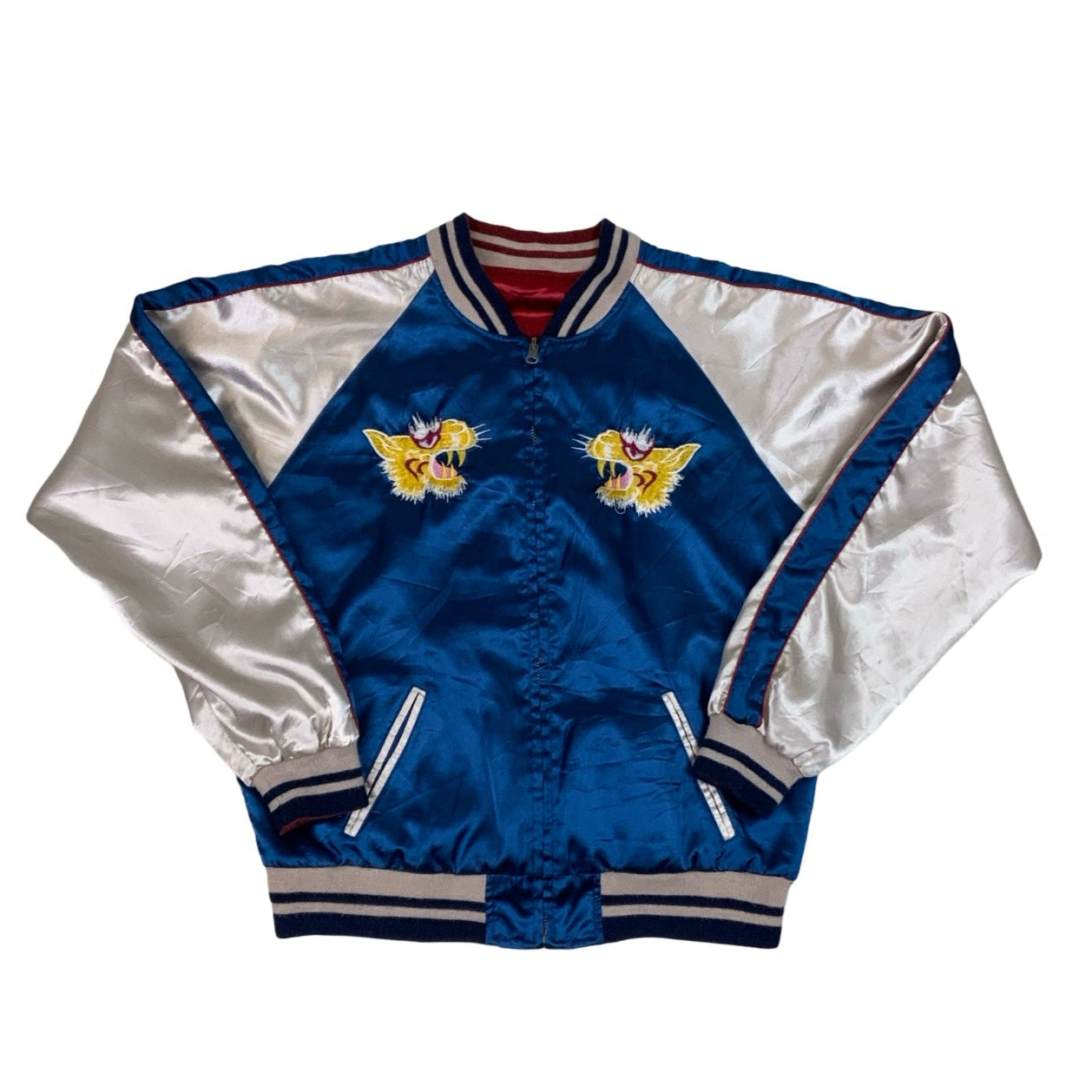 Vintage Japanese Silky Embroidered Blue & White Varsity Jacket XS S