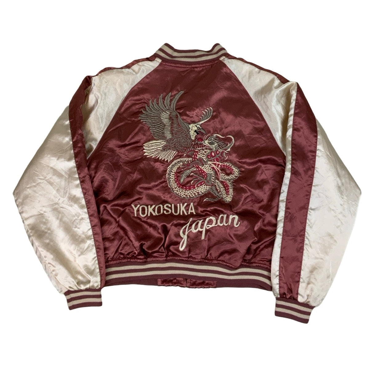 Vintage Japanese Silky Embroidered Burgundy & White Varsity Jacket S M