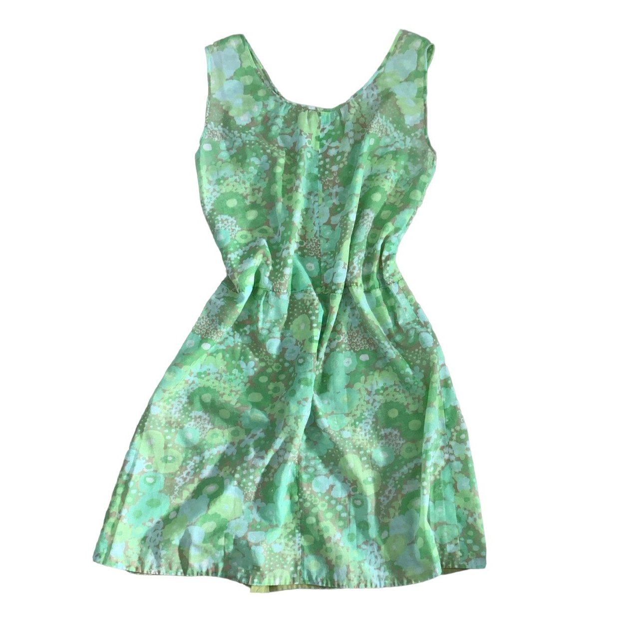 Vintage 60s 70s Green Floral Sleeveless Midi Shift Dress 12 14