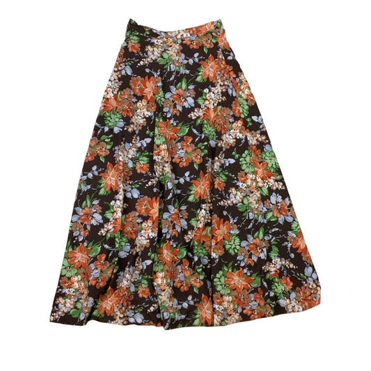 Vintage 60s 70s Brown Orange Floral Maxi Skirt XS 4 6