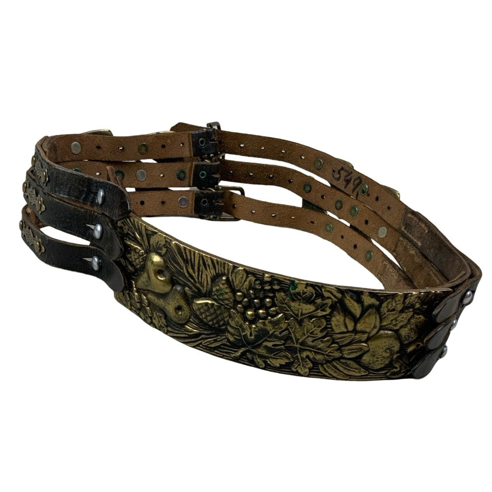 Vintage 70s 80s Western Brass Brown Botanical UpCycled Triple Buckle Belt