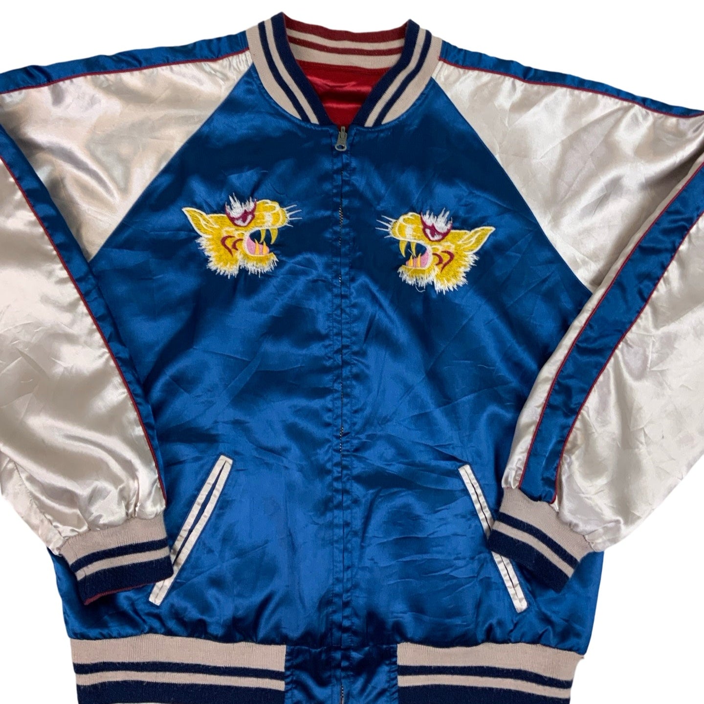 Vintage Japanese Silky Embroidered Blue & White Varsity Jacket XS S