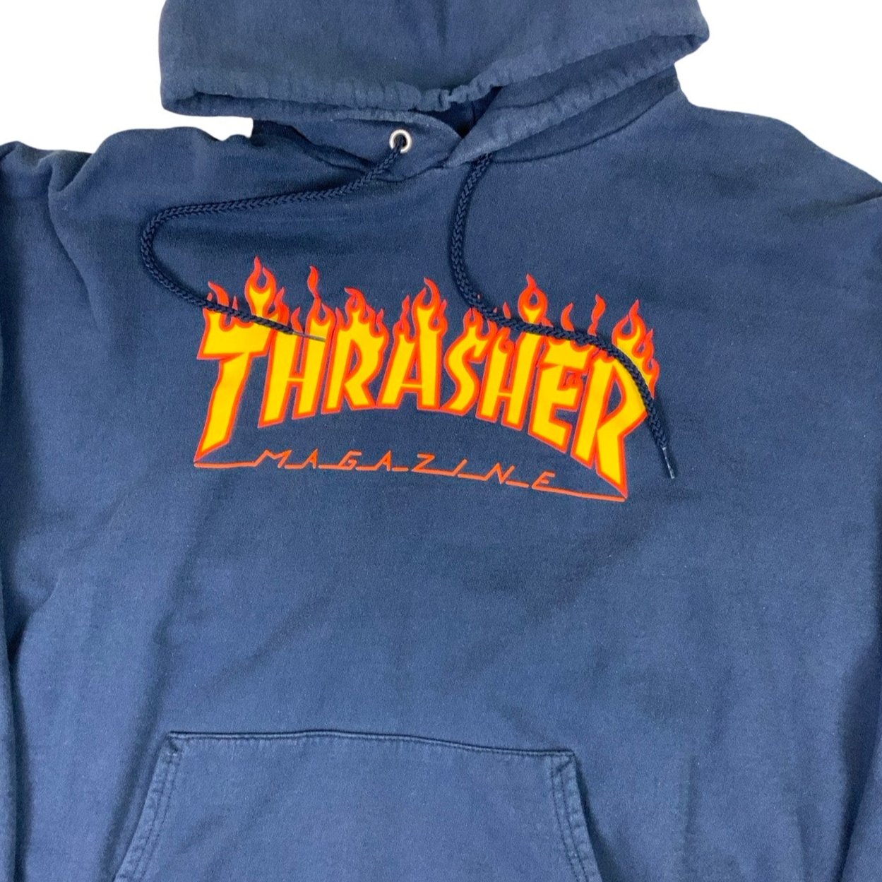 Vintage 90s 'Thrasher Magazine' Navy Blue Pull-Over Hoodie M L