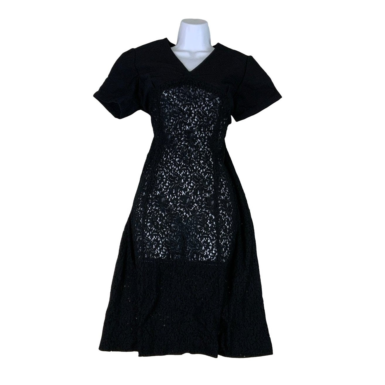 Vintage 60s 70s Black V-Neck Lace Midi Shift Dress 10 12 14