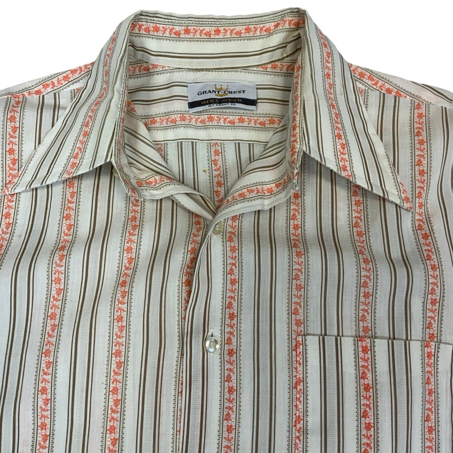 Vintage 'Grant Crest' Cream Stripe Brown Red Collar Shirt L