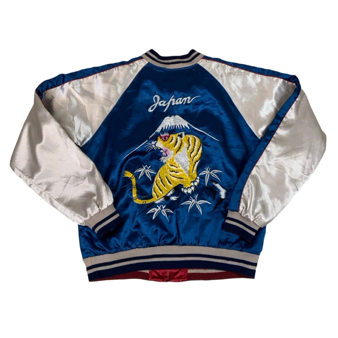 Vintage Japanese Silky Embroidered Blue & White Varsity Jacket XS S