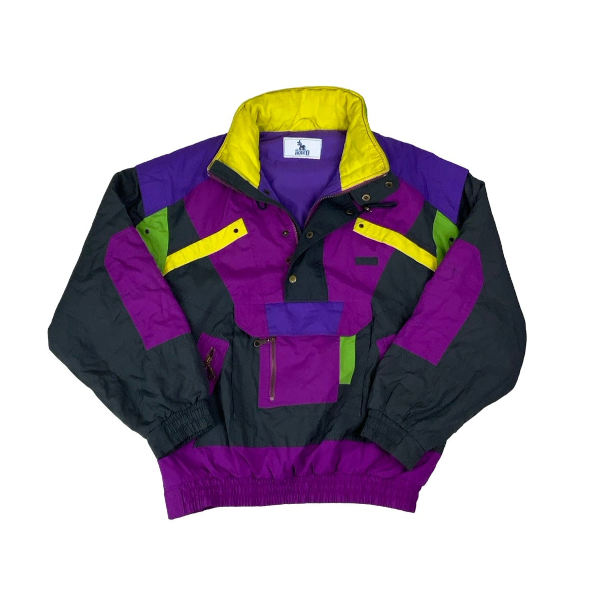 80s 90s Purple Green Pink Yellow 'Rodeo' Pull-Over Ski Outdoor Coat Jacket L XL