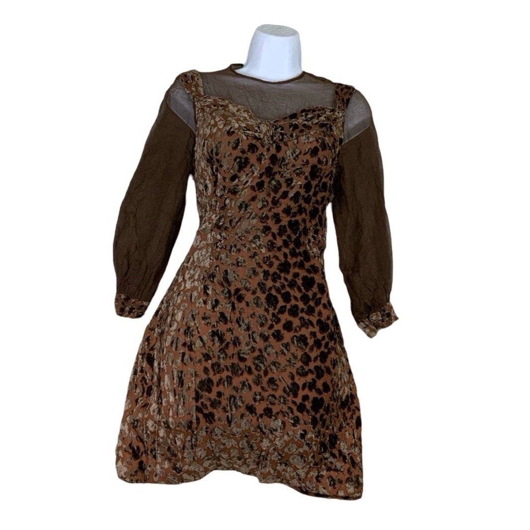 Vintage Brown Lurex Chiffon Velvet Leopard Print Mini Dress XS 6 8