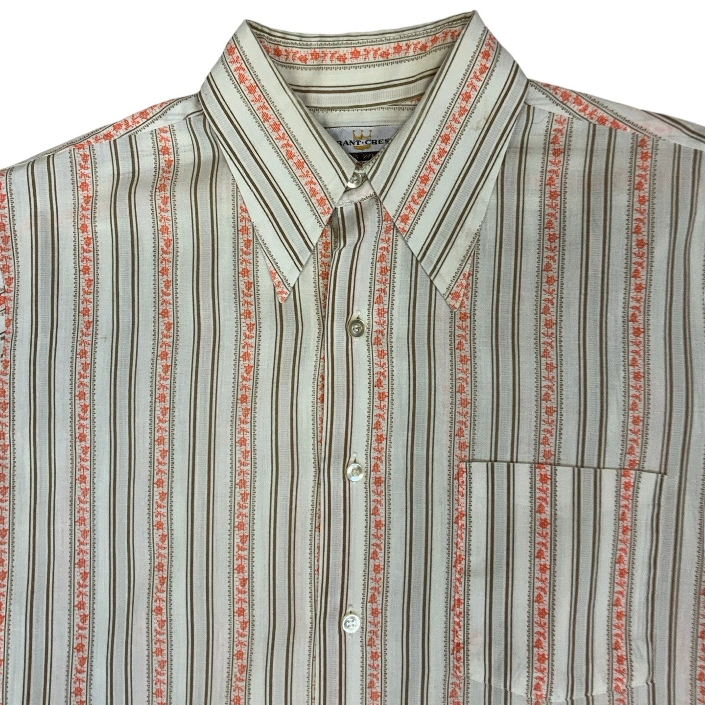 Vintage 'Grant Crest' Cream Stripe Brown Red Collar Shirt L