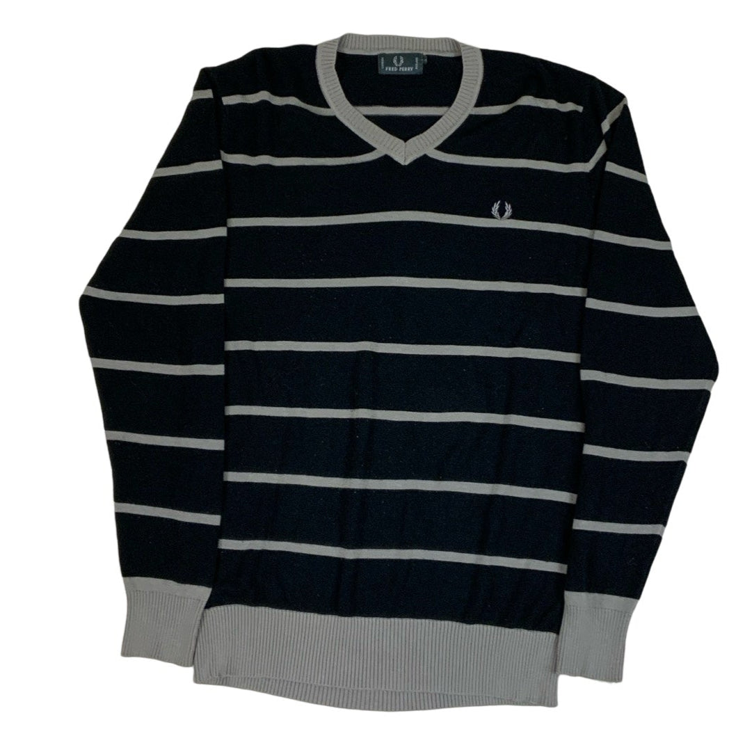 Vintage Fred Perry Striped Grey & Black V Neck Knit  M L