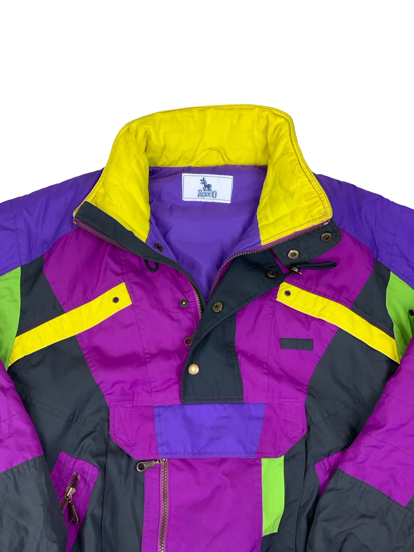 80s 90s Purple Green Pink Yellow 'Rodeo' Pull-Over Ski Outdoor Coat Jacket L XL